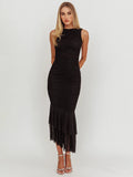 Mesh Backless Ruffle Sexy Maxi Dress Women Gown Two Layer Fabric Fashion Sleeveless Ruched Bodycon Club Long Dress