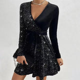 Pbong  Women's V-neck Sexy Long Sleeved Sequined Solid Color Dress High Street Fashion Elegant Party Evening Dresses