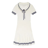 Lapel Lace-up Knit Short Dress New Fashion Casual A-line Mini Dress For Women Academic Style Pleat Summer Female Vestidos