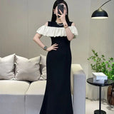 Pbong  High-end French Elegant Dress Niche Design Black and White Contrasting Off-shoulder Slim Fish Tail Commuting Dress for Women