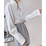 Pbong  Autumn Women's Luxury Satin Shirt French Inspired Pointed Collar Drape Front Elegant Blouse