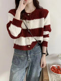 Women's Acrylic Long Sleeve O-Neck Button-Down Striped Cropped Knit Cardigan Ladies Autumn Winter Korean Fashion Knitwear