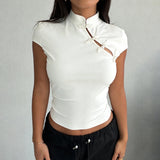 Pbong  Fashion Buckle Solid Color Stand Collar T-shirts Women Elegant Slimming Short Sleeves Chic Tops Summer Clothes Streetwears