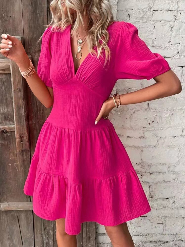 Elegant Midi Dresses For Women Summer Casual V Neck Puff Sleeve Ruffle Beach Dress Fashion Red Simple A-line New In Dresses