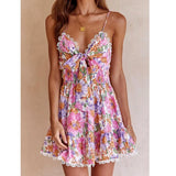 Pbong  Floral Printed Strappy Mini Dress Bow Tie Pink Ruffles Sexy Summer Sundress Chic Backless Party Dresses Ladies Vestido