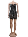 Sparkle Black Rhinestone Fringe Bodysuit Mini Dresses Women Summer Glam Mesh Sequins Short Party Dress Birthday Outfits