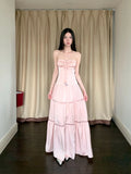 Pink Satin Backless Maxi Dress For Woman Shirring Beading A Line Long Tube Dress 2025 Summer Vacation Clothes