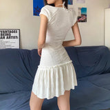 Pbong  Elegant Women Summer Patchwork White Dress Fashion Square Neck Tie-Up Mini Dress Woman French Style Y2K Vintage Draped Sundress