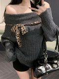 Sexy Off Shoulder Y2K Sweater Women Vintage Leopard Lace Up Knitted Jumper Casual Lazy Wind Long Sleeve Slash Neck Pullover