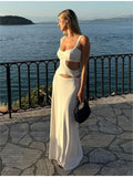 White Slim Beach Vacation Long Dress Summer Hollow Out Sleeveless Sexy Women Dress V-neck High Waist Casual Y2K 2025 New Dress