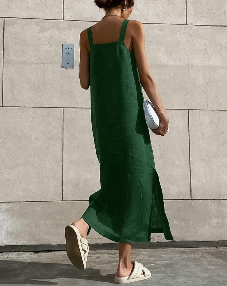 Green Tank Cotton Linen Dresses Sleeveless Straight Split Dress All-Match Midi Drape Dress Vacation Style Lady