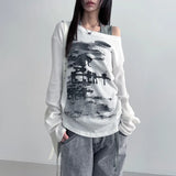New Autumn Euramerican Slash Neck Loose Pullovers High Street American Y2k Aesthetic Punk Print Women Shirts Vintage Clothes