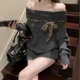 Sexy Off Shoulder Y2K Sweater Women Vintage Leopard Lace Up Knitted Jumper Casual Lazy Wind Long Sleeve Slash Neck Pullover