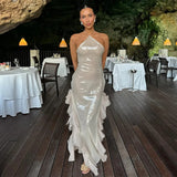 Elegant Sequin Ruffle Evening Dresses Women Retro Glitter Sleeveless Slim Halter Long Dress Lady Chic Street Party Holiday