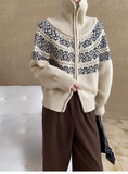 Women Fair Isle Sweater Zipper Front Collared Zip-up Sweater Knit Jacket Cozy Knitwear Teen-girl Fall Winter Vintage Outfit