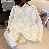Pbong  Women's Oversized Loose Versatile Knitwear Sweater Spring Autumn New Lazy Style Big Size Crew Neck Pullover Knitted Top