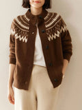 Fair Isle Knit Sweater Cardigan Women Cozy Stand Collar Button Front Sweater Jacket Teen-Girl Fall Winter Vintage Chic Outfit