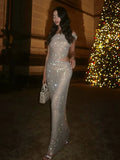 Retro Sequin Single Shoulder Long Dress Women Elegant Glitter Solid Slim Fit Evening Dresses Female Chic Street Party Vestidos