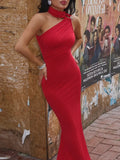 Halter Backless Sexy Maxi Dress Women Summer New Inclined Shoulder Sleeveless High Waist Bodycon Elegant Long Dress