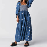 Pbong  Bohemian Floral Dress Women Square Neck Ruffle Swing A Line Maxi Dress Long Sleeve Beach Style Holiday Lady Club Party Dress