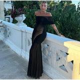 Mesh Patchwork Strapless Sexy Maxi Dress For Women Fashion Off-shoulder Backless High Waist Ruched Slim Party Dress Summer 2025