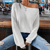 Lunivop  Women's Winter Clothing Off Shoulder Loose Fit Long Sleeve Solid Color Ribbed Crew Neck Sweater Women's Cheap Clothing Free
