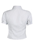 White Stripe Puff Short Sleeve Button Shirts For Women Basic Simple Casual Seumme Preppy Tops Y2K Korean Clothes