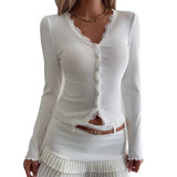 Pbong  New Autumn Solid Color Women‘s Tops Fashion Deep V Neck Lace Splicing Long Sleeve Cardigan Slimming Versatile Ladie T-Shirt