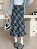 Faux Woolen Plaid Long Skirt Women Vintage Slim High Waist Back Slit Belt Skirts Korean Fall Winter Elegant Long Skirts New