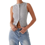 Women Tank Tops y2k Clothing Summer Solid Color Round Neck Sleeveless Button Down T Shirts Vest 2000s Aesthetic Clothes