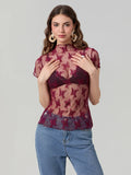 Women Lace Tops Short Sleeve Crew Neck See-through Sheer T-shirt Summer Casual Tee Shirts Clubwear