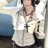 Y2k Subculture Striped Patchwork Long Sleeve Slim Hooded Sweatshirt 2000s Gothic Vintage Casual Korean Fashion Autumn Cardigan