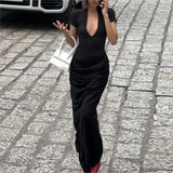 Pbong  Sexy Slim Long Dresses For Women Summer Short Sleeve V-neck Bodycon Maxi Dress Elegant Vestidos