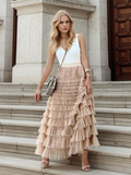 HOUZHOU Solid Multilayer Ruffle Mesh Skirt Women Boho High Waist Long Maxi Tulle Skirt Spring Summer Party Women's Clothing