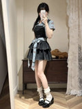 Y2k Japan Style Kawaii 2 Piece Skirt Sets Women 2000s Harajuku Vintage Sweet Suits Lolita Plaid Short Sleeve Matching Sets Chic