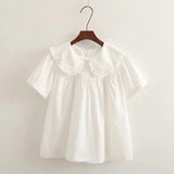 New Autumn Cotton White Shirts Women Student Sweet Tops Girl Peter Pan Collar Plaid Casual Cute Loose Blouses Spring T39132QM