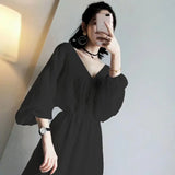 Pbong  Korean Elastic Waist Woman Dress V Neck  Embroidery Sweet Bandage Temperament Dresses Vintage Robe Femme