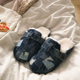 Pbong Fringe Tassel Denim Fleece Flats Shoes Women Winter Short Plush Jeans Patchwork Fashion Slippers Round Toe Warm Unisex Slidess