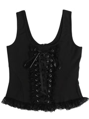 Grunge Tank Tops Gothic Transparent Hollow Out Crisscross Bandage Top Summer Sexy Fashion Mesh Ruch Ruffle Punk Tops