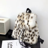 Pbong  Plush Backpack Imitation Rabbit Fur Backpack Student Girl's Large Capacity Drawstring Leopard All-Match