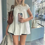 French Vintage Peter Pan Collar Puff Sleeve Sweet Dress Y2k Spring Summer Pleated All Match Clothes Harajuku High Street Dress