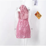 Fashion Sleeveless Pink Sequin Short Dress Halter-neck Sexy Slim Summer Dress Women Chic Street Party Dress Vestidos 2025 New