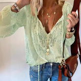 Women's Retro Ethnic V-Neck Lace Chiffon Shirt Casual Loose Office Top Spring Fashion Ladies Tops