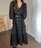 Hook Embroidery Puff Sleeve Spring Long Dress Korea Chic Lace V-neck Button 2025 New Dress A-line Hollow Beige Female Clothing