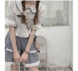 Kawaii Plaid Women Short Skirt Lolita Ruffle Japanese Style Lace Bow Mini Skirts Cutecore Sweet Pleated Preppy Skirt