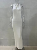 Halter Neck Knit Beach Long Dress Women Solid Color White Sleeveless Dresses For Vacation V Neck Bikini Swimming Sexy Cover-ups