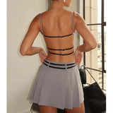 Backless Streetwear Short Dress Hotgirl Double Belt Gray Tight Women Dress Fashion Square Collar Sleeveless Pleat Dress 2025 New