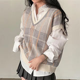 Checked Sweater Vest for Women Ovesized V-neck Sleeveless Pullover Knitted Vest Top Fall Winter Preppy Casual Chic Outfit