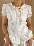 Women's Button Down Shirts Stylish Ruffled Trim Crew Neck Short Sleeve Slim Fit Tops Casual Y2K Gothic Blouse for Summer