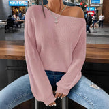 Lunivop  Women's Winter Clothing Off Shoulder Loose Fit Long Sleeve Solid Color Ribbed Crew Neck Sweater Women's Cheap Clothing Free